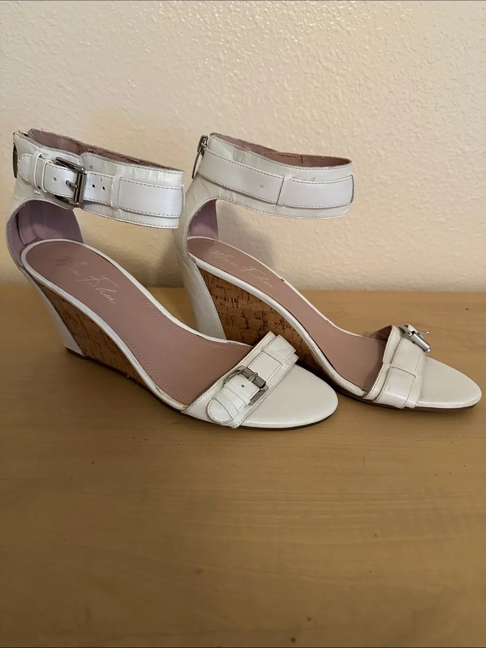 Marc Fisher White Cork Wedge Sandals with Ankle Strap